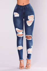WomenJeans European and American Stretch Cotton Holes Pencil Feet Pants High Waisted Jeans